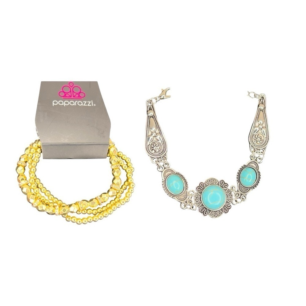 SET OF TWO NEW BRACELETS GOLD SILVER TEAL TURQUOISE BOHO BOHEMIAN GIFTS NWT